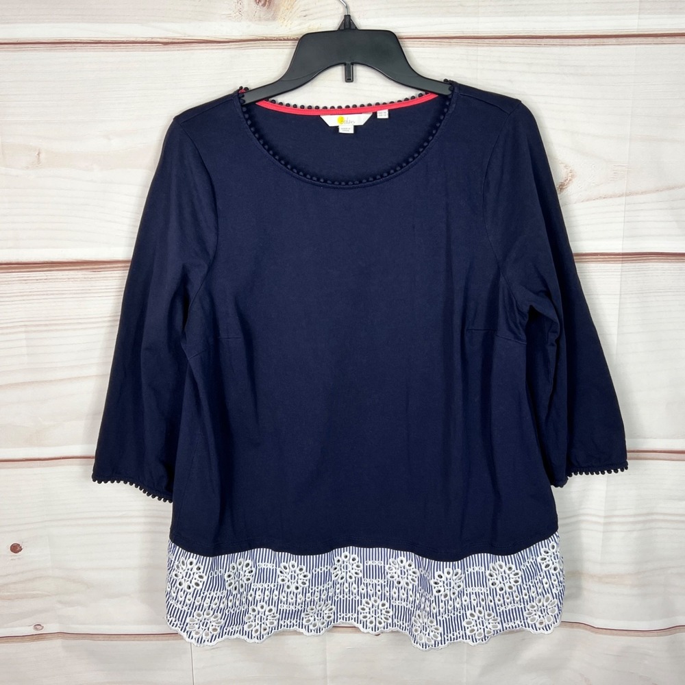 Boden Top Womens US 12 Blue‎ Lace Trim Blouse 3/4 Sleeve Round Neck Solid Knit